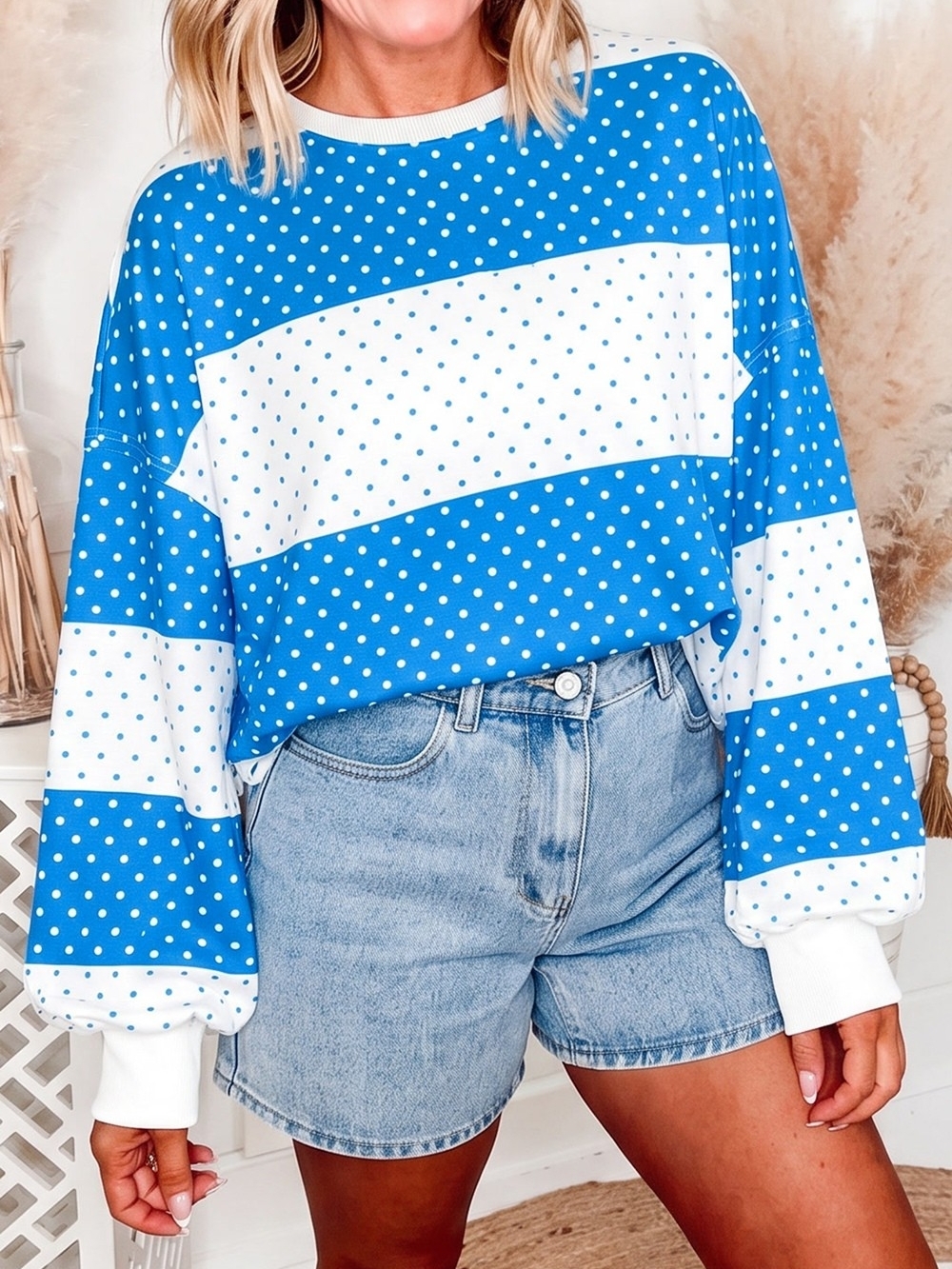 Blue & White Polka Dot Long-Sleeve Top S M L XL